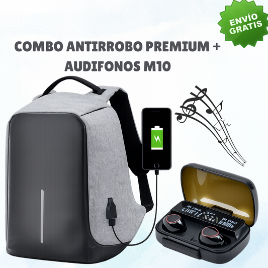 COMBO BOLSO ANTIRROBO PREMIUM + AUDIFONOS M10 🎒🔊