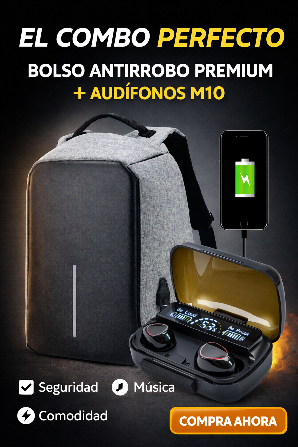 COMBO BOLSO ANTIRROBO PREMIUM + AUDIFONOS M10 🎒🔊